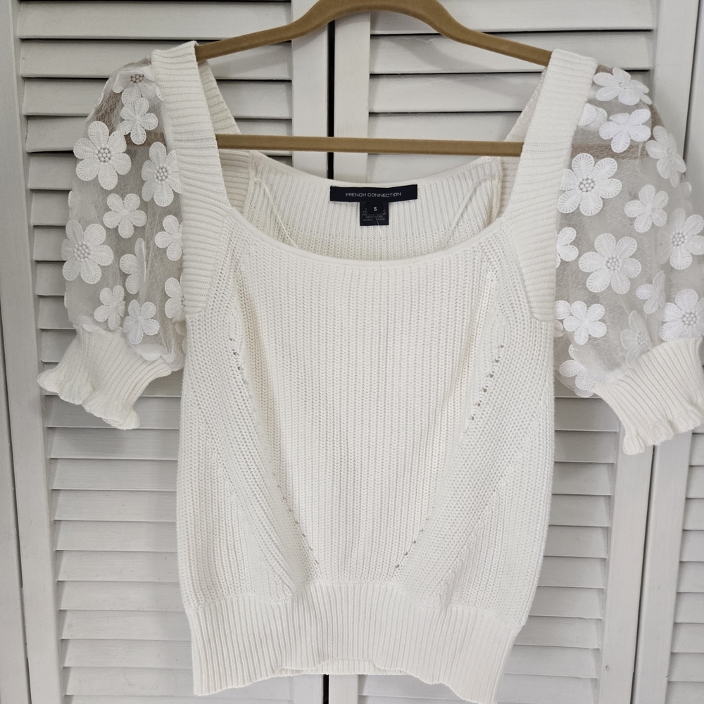 White Knit Top with Floral Lace Sleeves